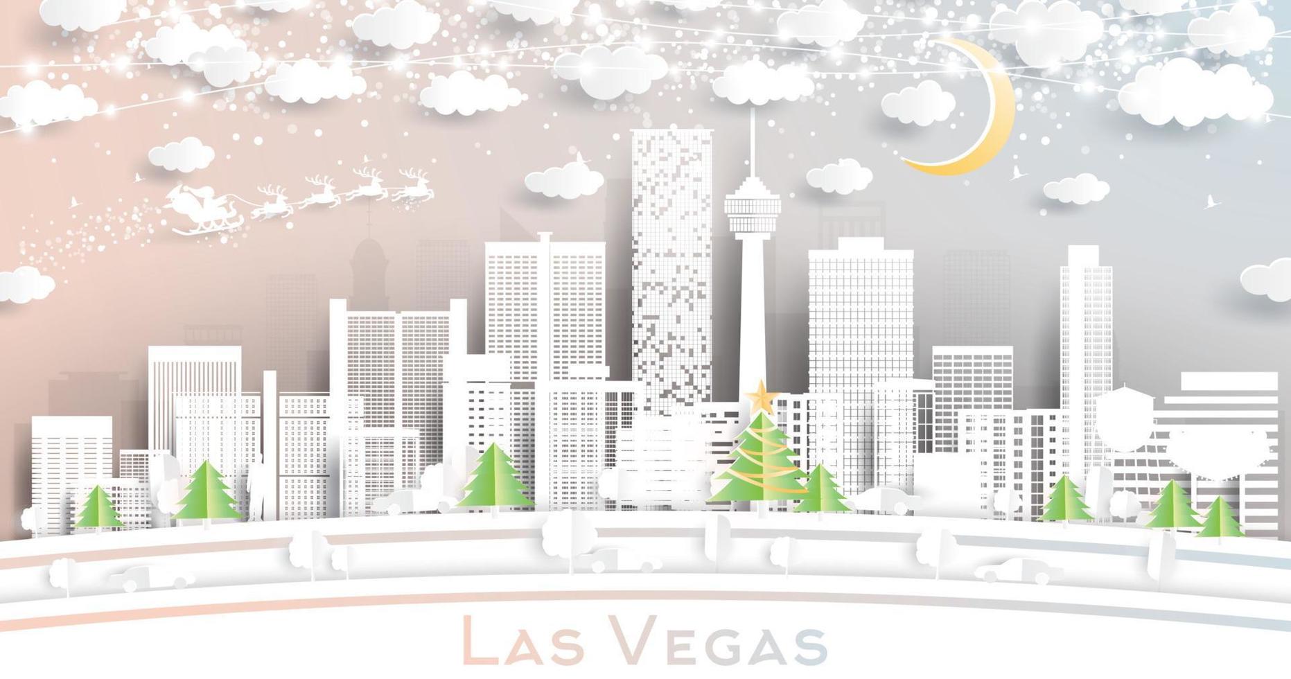 las vegas Nevada Verenigde Staten van Amerika stad horizon in papier besnoeiing stijl met sneeuwvlokken, maan en neon guirlande. vector