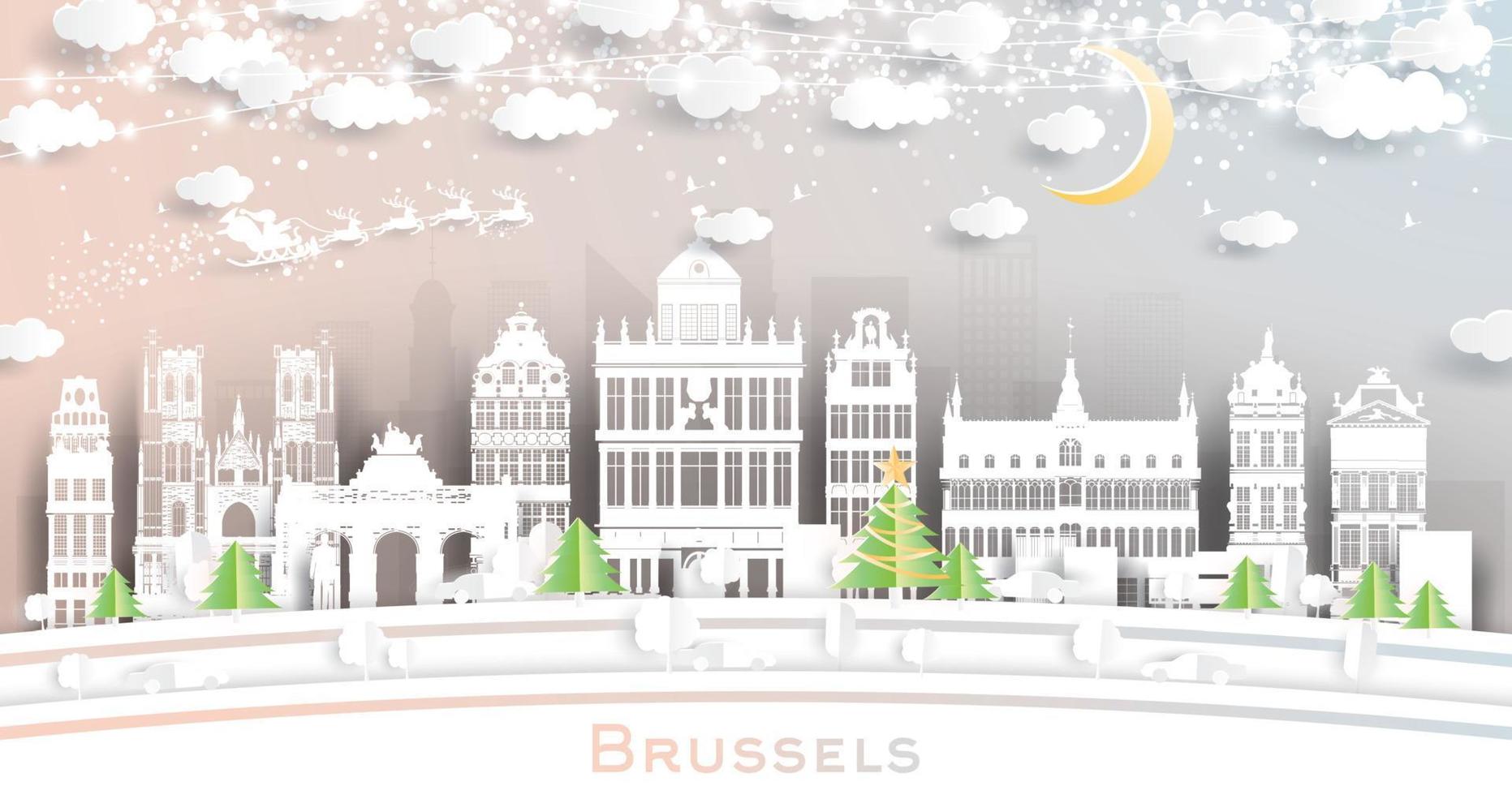 Brussel belgie stad horizon in papier besnoeiing stijl met sneeuwvlokken, maan en neon guirlande. vector
