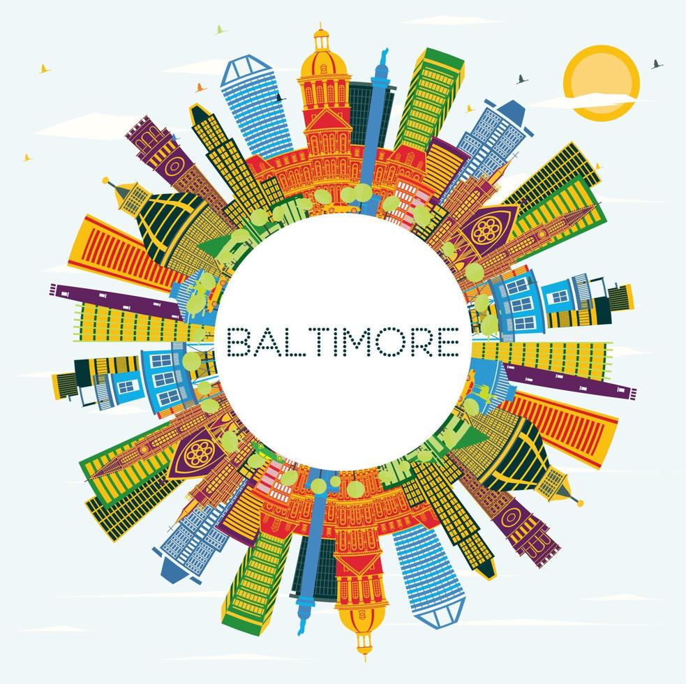 Baltimore Verenigde Staten van Amerika Maryland stad horizon met kleur gebouwen, blauw lucht en kopiëren ruimte. vector