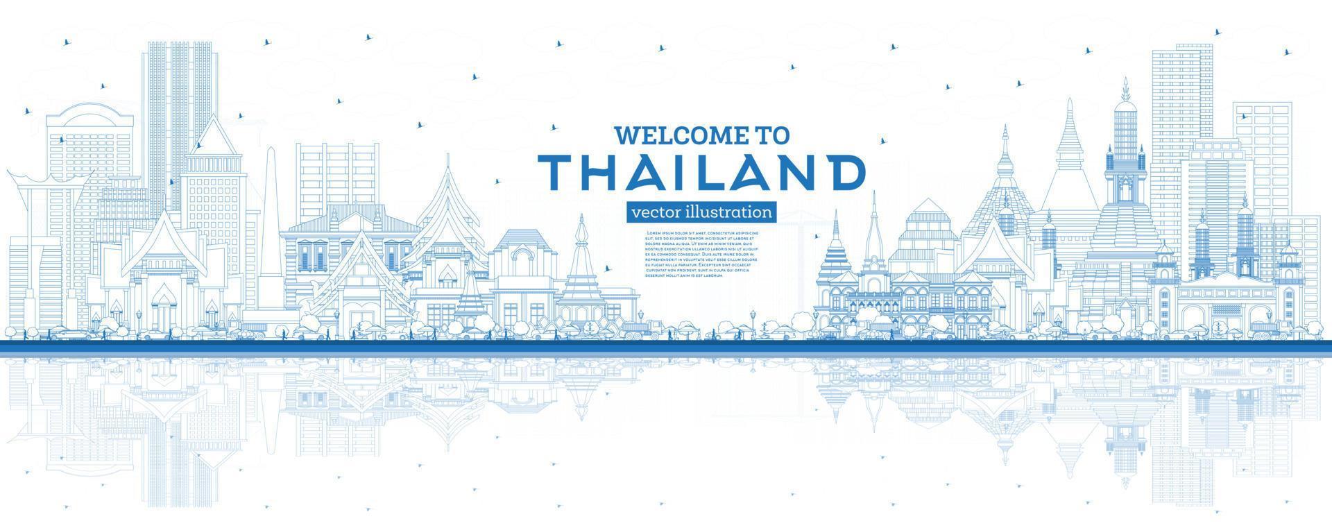 schets Welkom naar Thailand stad horizon met blauw gebouwen en reflecties. vector