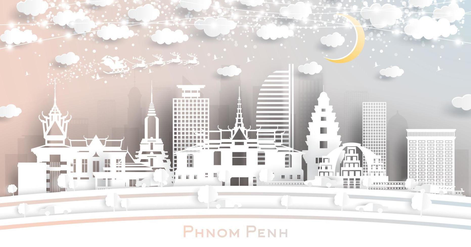 phnom penh Cambodja stad horizon in papier besnoeiing stijl met sneeuwvlokken, maan en neon guirlande. vector