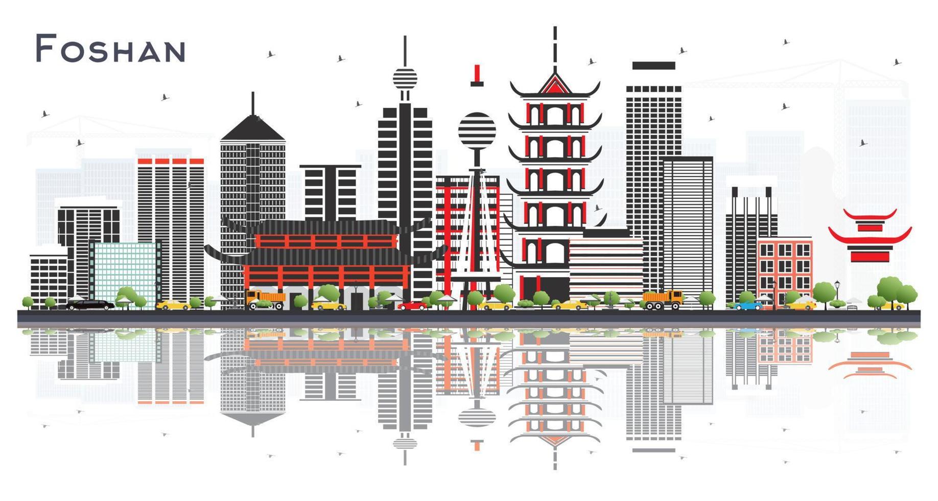 foshan China stad horizon met grijs gebouwen en reflecties geïsoleerd Aan wit. vector
