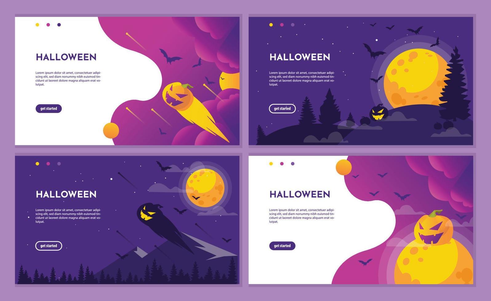 Purper halloween nacht evenement partij met pompoen uitnodiging. landen bladzijde website, achtergrond en banier ontwerp sjabloon. vector