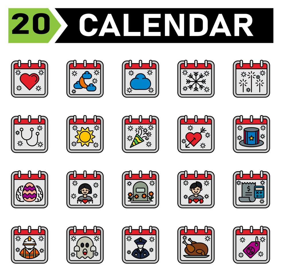 kalender evenement icoon reeks omvatten liefde, haard, kalender, datum, evenement, Islam, maan, wolk, het weer, sneeuw, vlok, vuurwerk, partij, stethoscoop, dokter, medisch, zon, dag, nieuw jaar, verjaardag, Valentijn vector