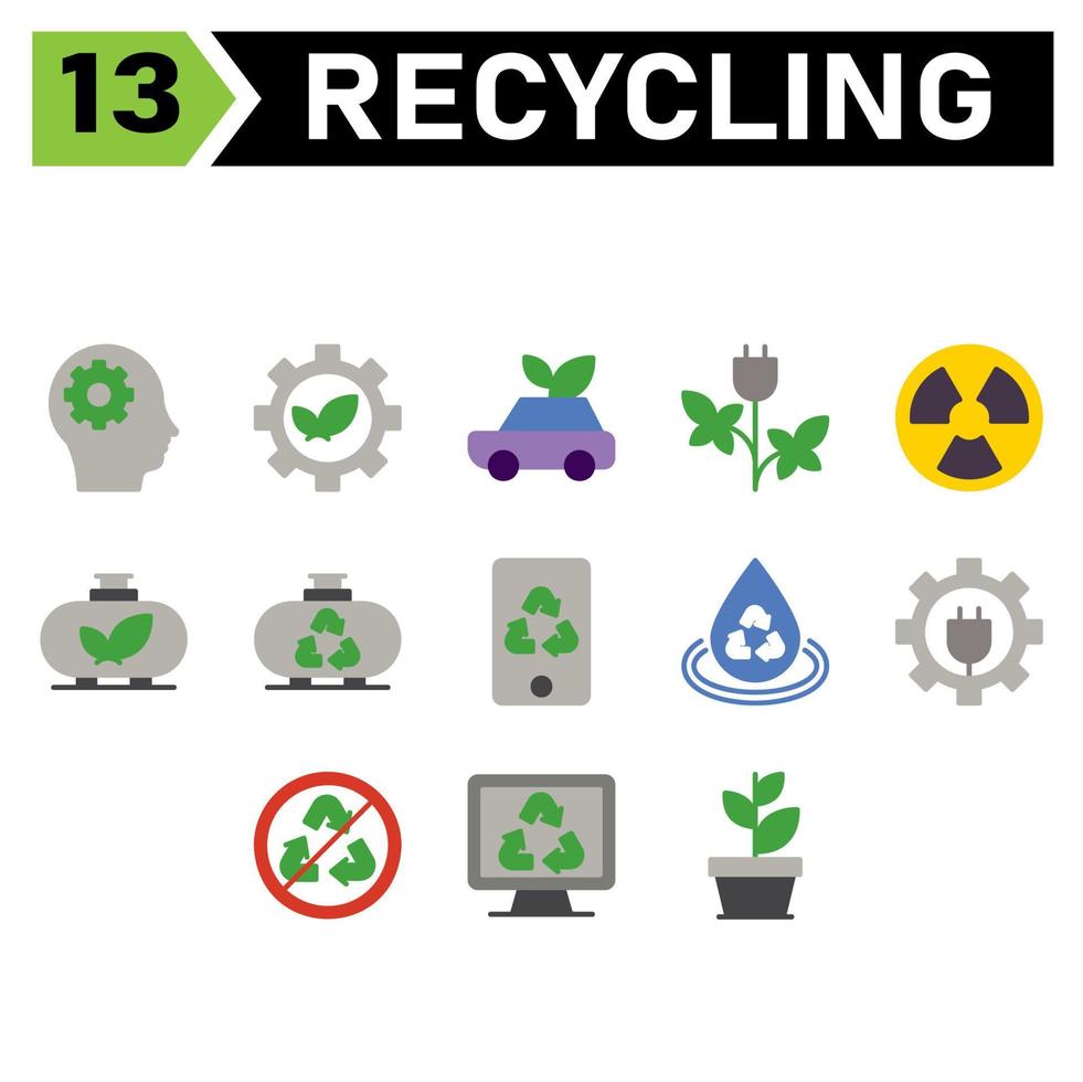 ecologie en recycle icoon reeks omvatten hoofd, versnelling, omgeving, ecologie, recyclen, blad, duurzaam, auto, afval, voertuig, energie, elektrisch, reactor, nucleair, stroom, industrie, tank, ecologisch, apparaat, apparaatje vector