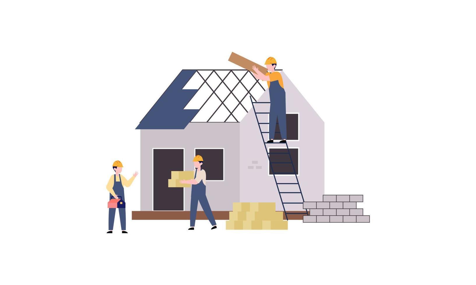 huizen bouw werkwijze. team van Bouwers bouwen hout huis illustratie vector