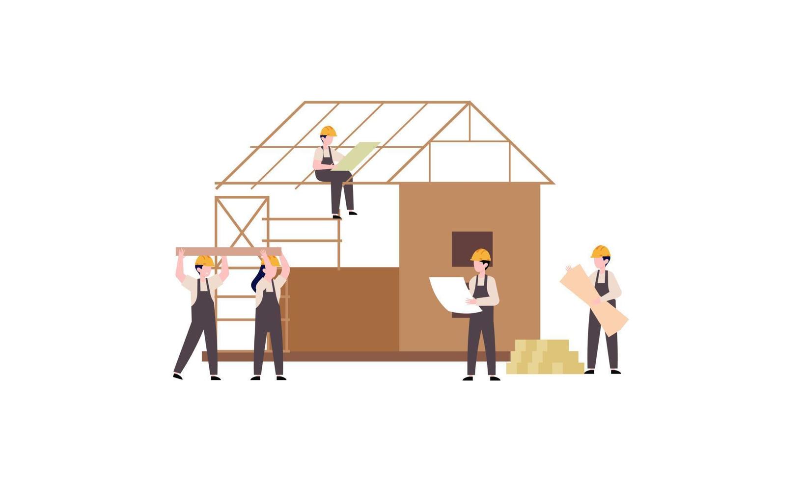 huizen bouw werkwijze. team van Bouwers bouwen hout huis illustratie vector