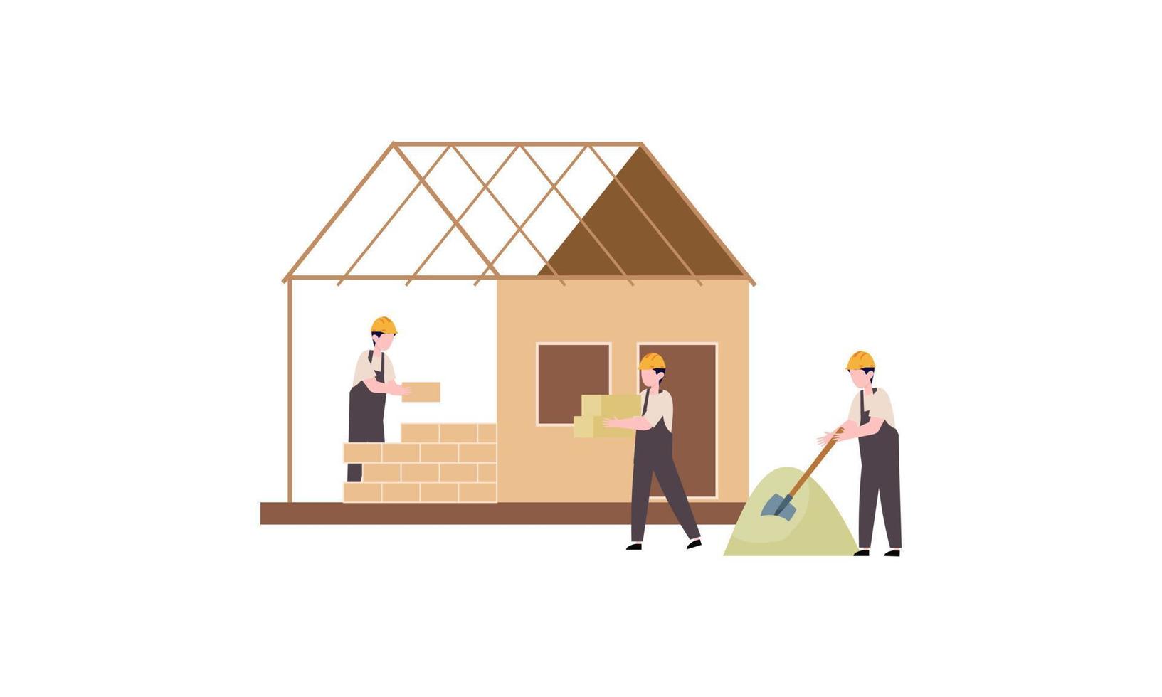 huizen bouw werkwijze. team van Bouwers bouwen hout huis illustratie vector
