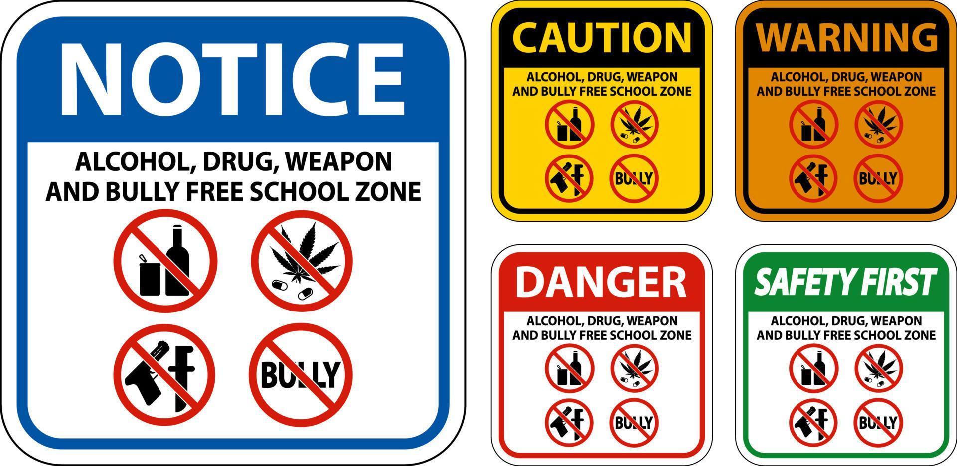 school- veiligheid teken merk op, alcohol, medicijn, wapen en pesten vrij school- zone vector
