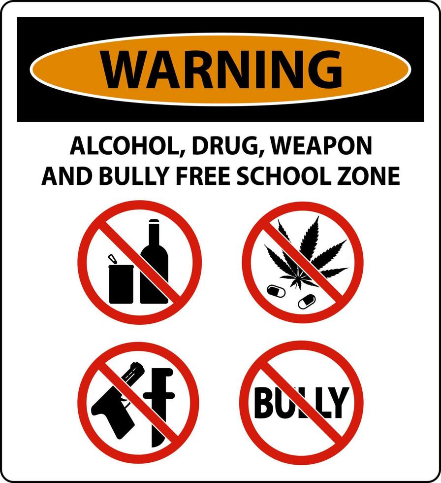 school- veiligheid teken waarschuwing, alcohol, medicijn, wapen en pesten vrij school- zone vector