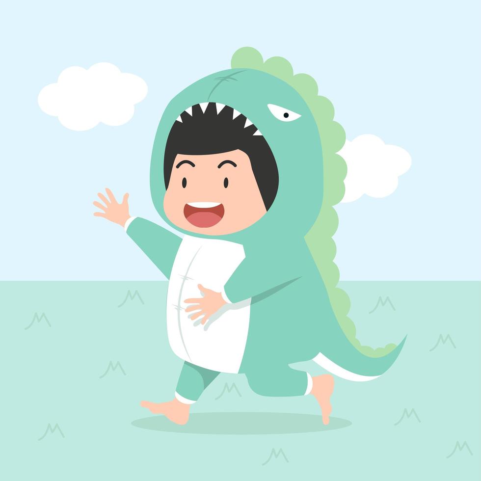 schattige jongen dinosaurus kostuum dragen vector