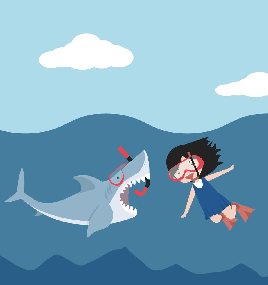 haai en snorkelend meisje ontmoeten elkaar onder water vector