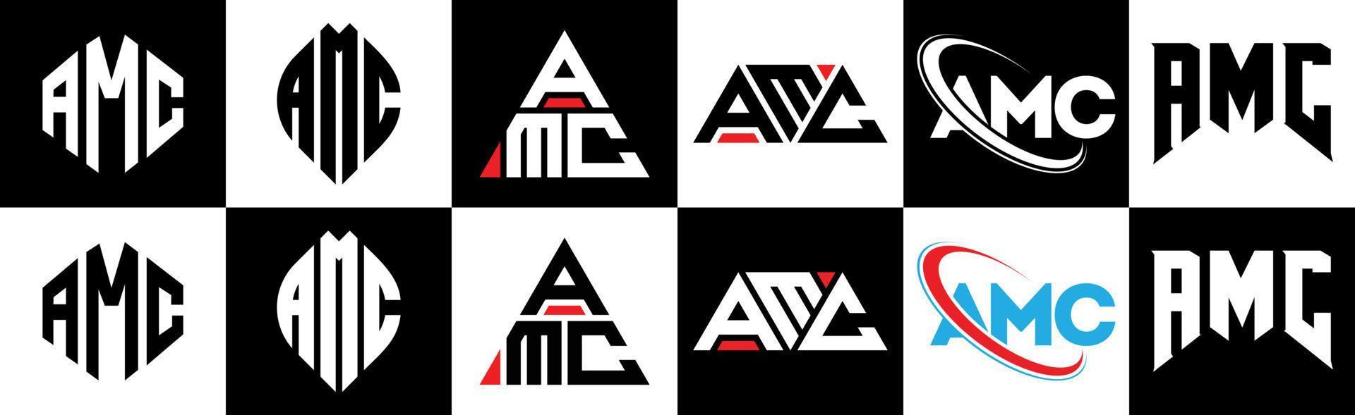 amc brief logo ontwerp in zes stijl. amc veelhoek, cirkel, driehoek, zeshoek, vlak en gemakkelijk stijl met zwart en wit kleur variatie brief logo reeks in een tekengebied. amc minimalistische en klassiek logo vector