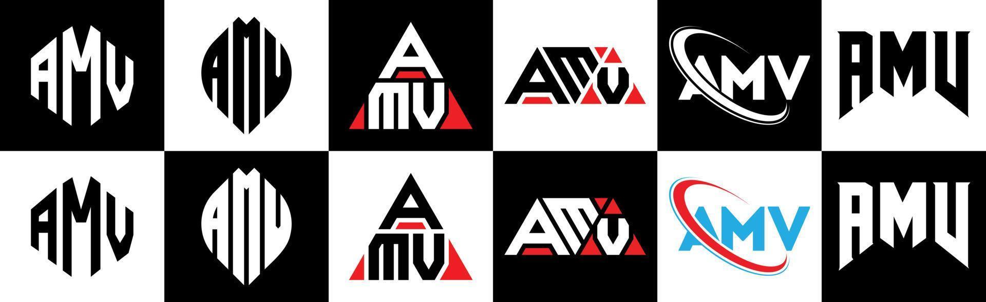 amv brief logo ontwerp in zes stijl. amv veelhoek, cirkel, driehoek, zeshoek, vlak en gemakkelijk stijl met zwart en wit kleur variatie brief logo reeks in een tekengebied. amv minimalistische en klassiek logo vector