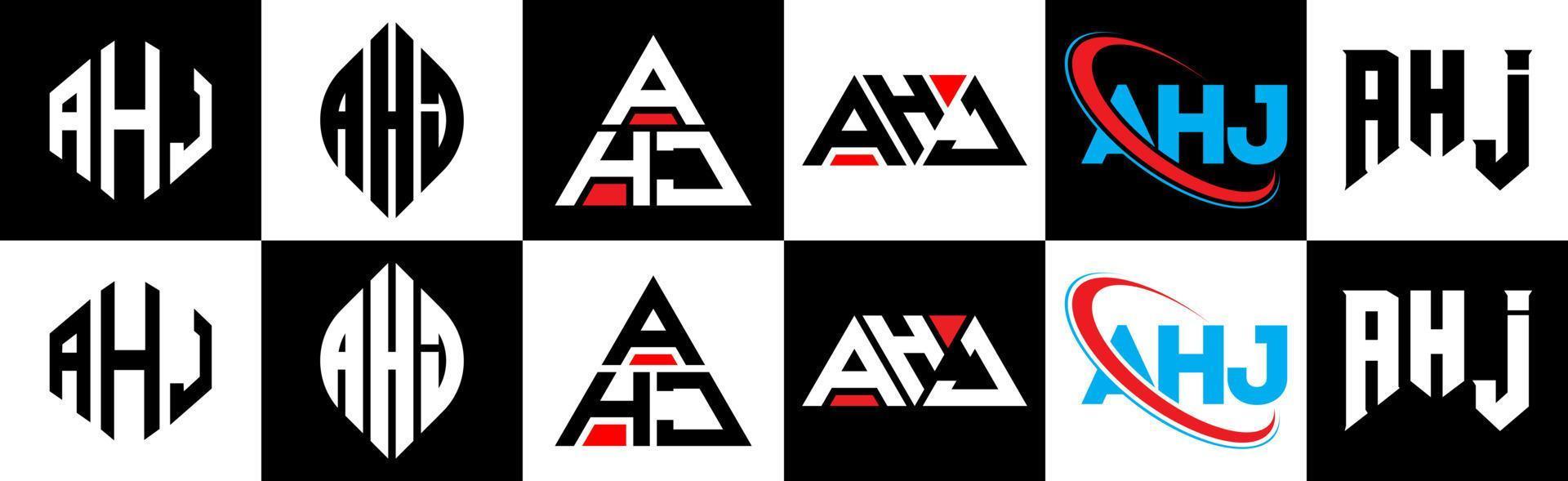 ahj brief logo ontwerp in zes stijl. ahj veelhoek, cirkel, driehoek, zeshoek, vlak en gemakkelijk stijl met zwart en wit kleur variatie brief logo reeks in een tekengebied. ahj minimalistische en klassiek logo vector