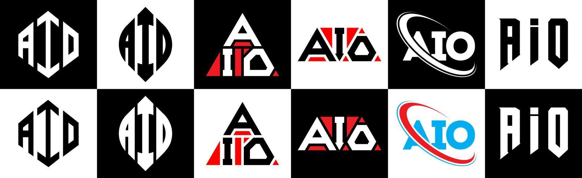 aio brief logo ontwerp in zes stijl. aio veelhoek, cirkel, driehoek, zeshoek, vlak en gemakkelijk stijl met zwart en wit kleur variatie brief logo reeks in een tekengebied. aio minimalistische en klassiek logo vector