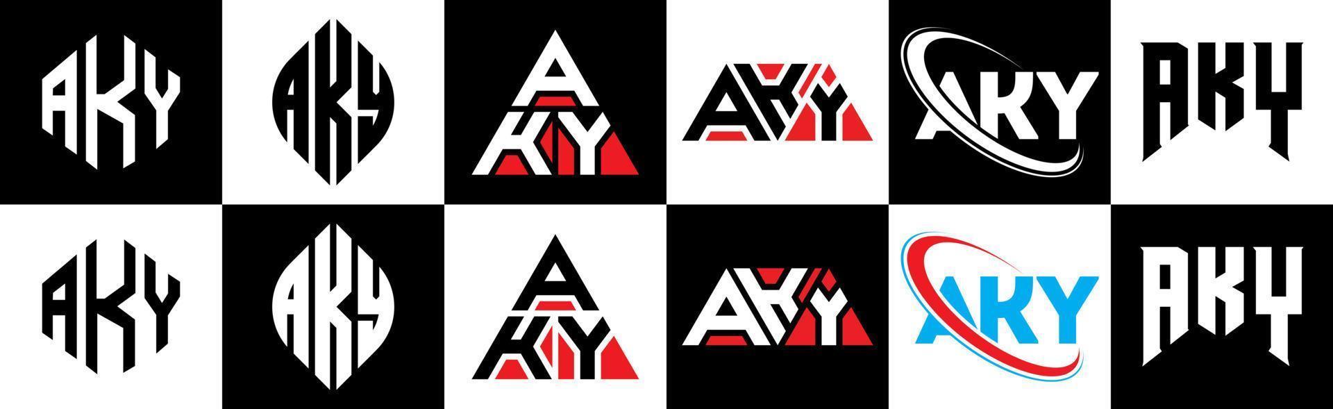 aky brief logo ontwerp in zes stijl. aky veelhoek, cirkel, driehoek, zeshoek, vlak en gemakkelijk stijl met zwart en wit kleur variatie brief logo reeks in een tekengebied. aky minimalistische en klassiek logo vector