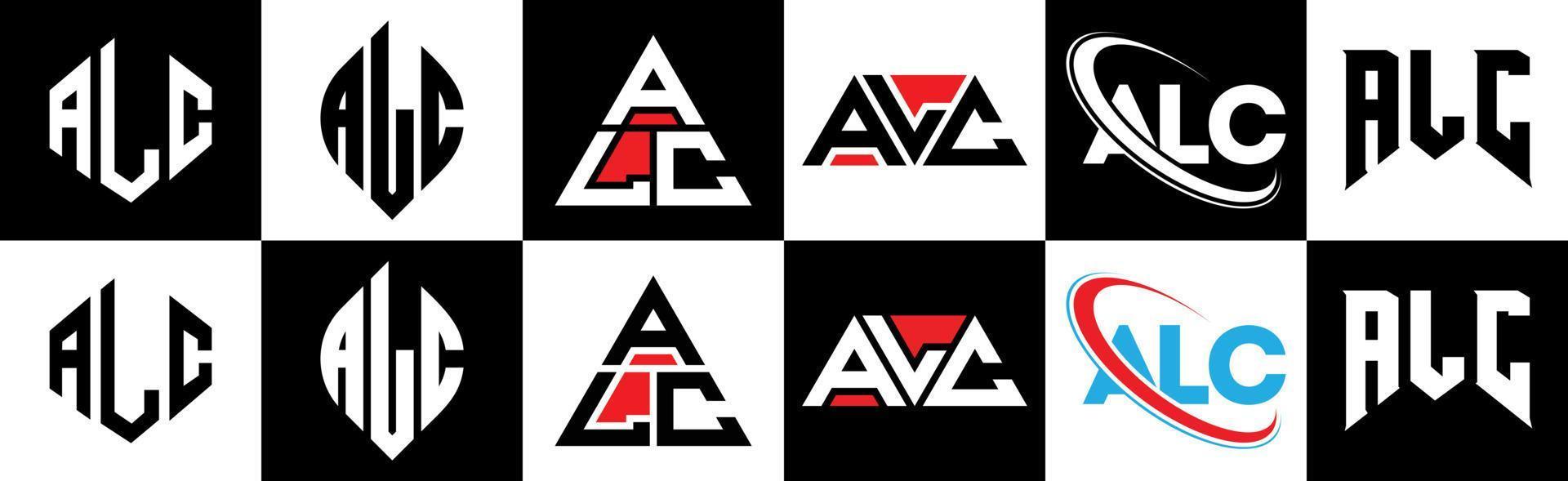 alc brief logo ontwerp in zes stijl. alc veelhoek, cirkel, driehoek, zeshoek, vlak en gemakkelijk stijl met zwart en wit kleur variatie brief logo reeks in een tekengebied. alc minimalistische en klassiek logo vector