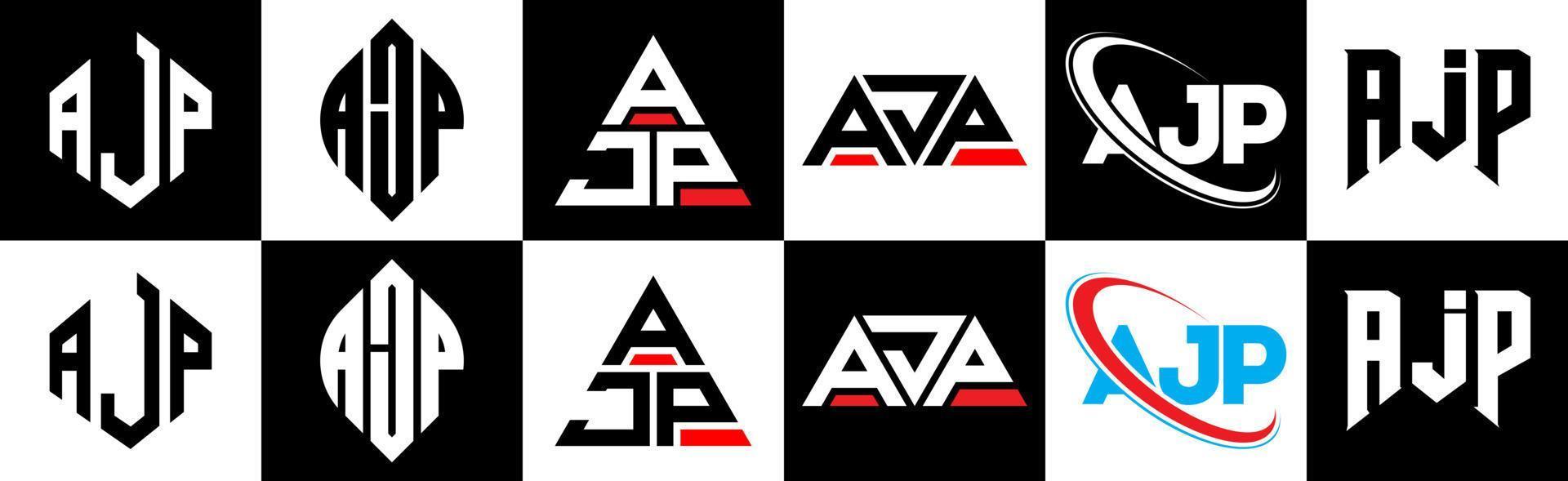 ajp brief logo ontwerp in zes stijl. ajp veelhoek, cirkel, driehoek, zeshoek, vlak en gemakkelijk stijl met zwart en wit kleur variatie brief logo reeks in een tekengebied. ajp minimalistische en klassiek logo vector