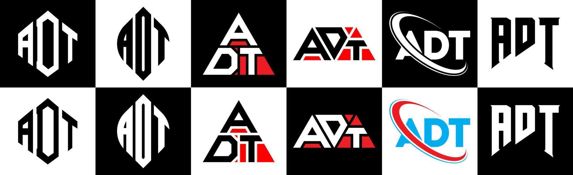 adt brief logo ontwerp in zes stijl. adt veelhoek, cirkel, driehoek, zeshoek, vlak en gemakkelijk stijl met zwart en wit kleur variatie brief logo reeks in een tekengebied. adt minimalistische en klassiek logo vector