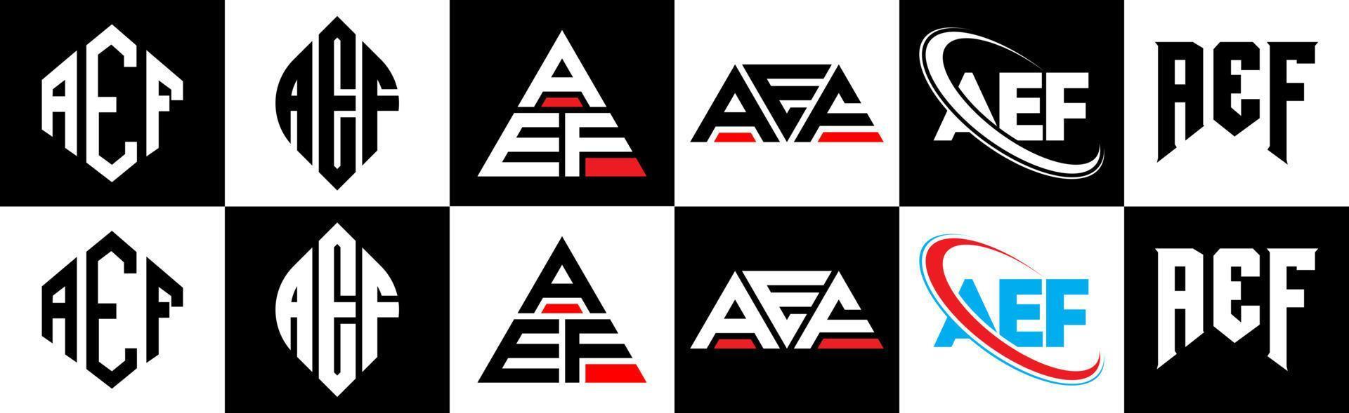 aef brief logo ontwerp in zes stijl. aef veelhoek, cirkel, driehoek, zeshoek, vlak en gemakkelijk stijl met zwart en wit kleur variatie brief logo reeks in een tekengebied. aef minimalistische en klassiek logo vector