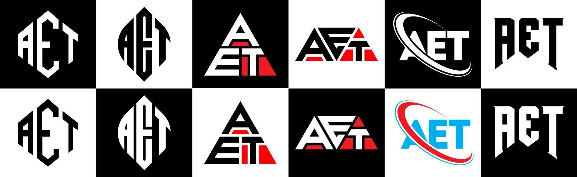 aet brief logo ontwerp in zes stijl. aet veelhoek, cirkel, driehoek, zeshoek, vlak en gemakkelijk stijl met zwart en wit kleur variatie brief logo reeks in een tekengebied. aet minimalistische en klassiek logo vector