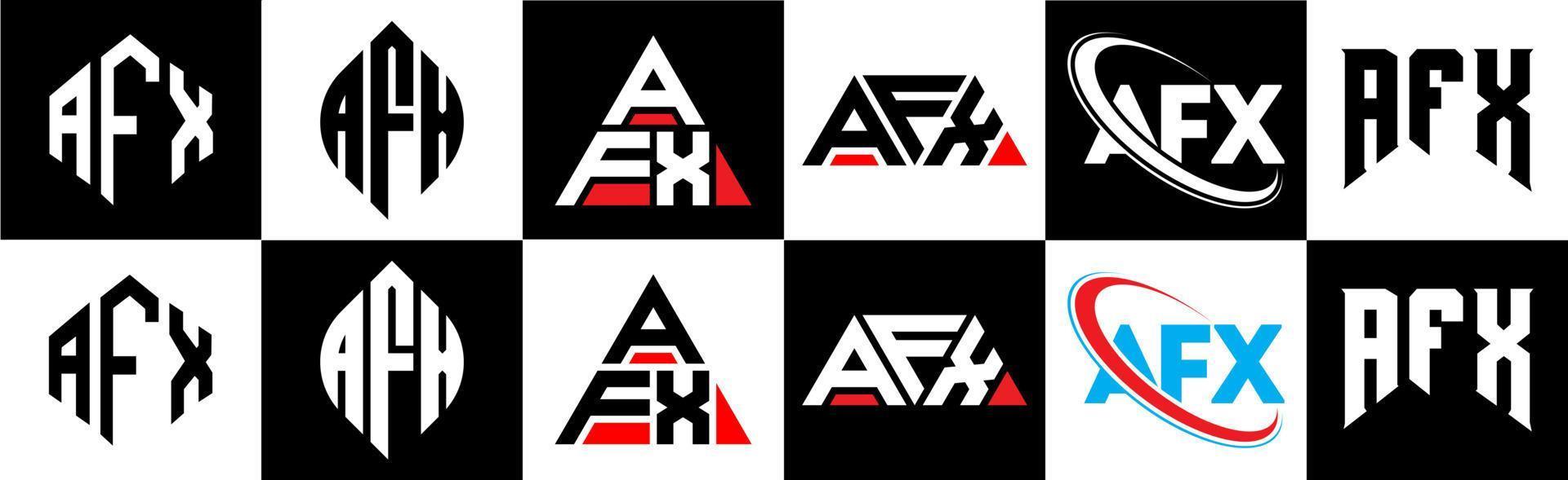 afx brief logo ontwerp in zes stijl. afx veelhoek, cirkel, driehoek, zeshoek, vlak en gemakkelijk stijl met zwart en wit kleur variatie brief logo reeks in een tekengebied. afx minimalistische en klassiek logo vector