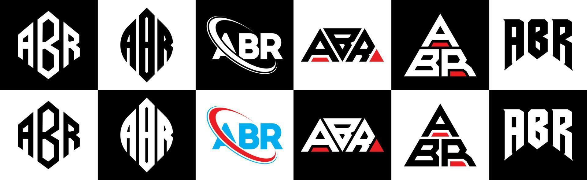 abr brief logo ontwerp in zes stijl. abr veelhoek, cirkel, driehoek, zeshoek, vlak en gemakkelijk stijl met zwart en wit kleur variatie brief logo reeks in een tekengebied. abr minimalistische en klassiek logo vector