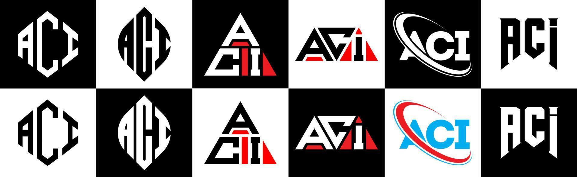 aci brief logo ontwerp in zes stijl. aci veelhoek, cirkel, driehoek, zeshoek, vlak en gemakkelijk stijl met zwart en wit kleur variatie brief logo reeks in een tekengebied. aci minimalistische en klassiek logo vector