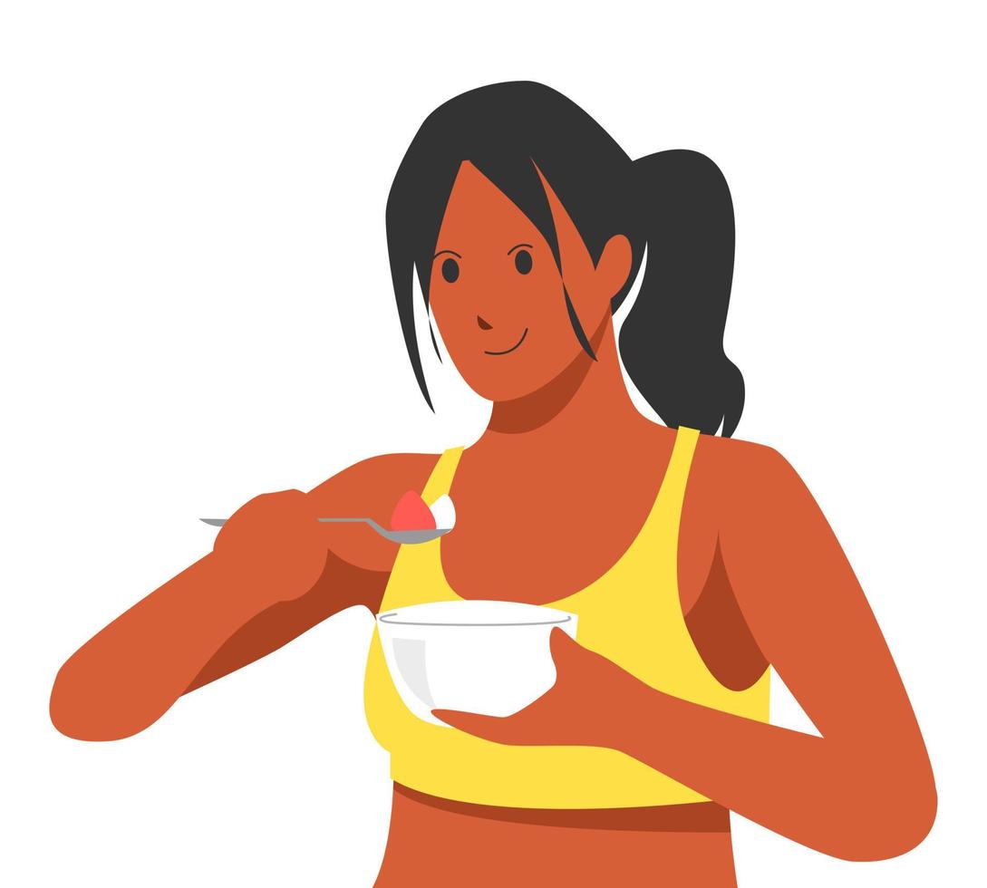 Afrikaanse Amerikaans meisje aan het eten iets Holding lepel en kom salades of granen. concept van Gezondheid, fit, levensstijl, enz. vector vlak stijl illustratie.