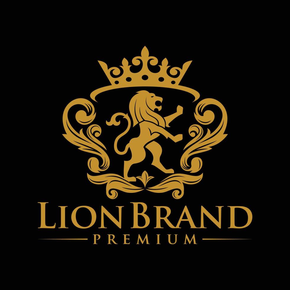 luxe leeuw kam heraldiek logo. elegant goud heraldisch schild icoon. premie merk identiteit embleem. Koninklijk jas van armen bedrijf etiket symbool. modern vector illustratie.