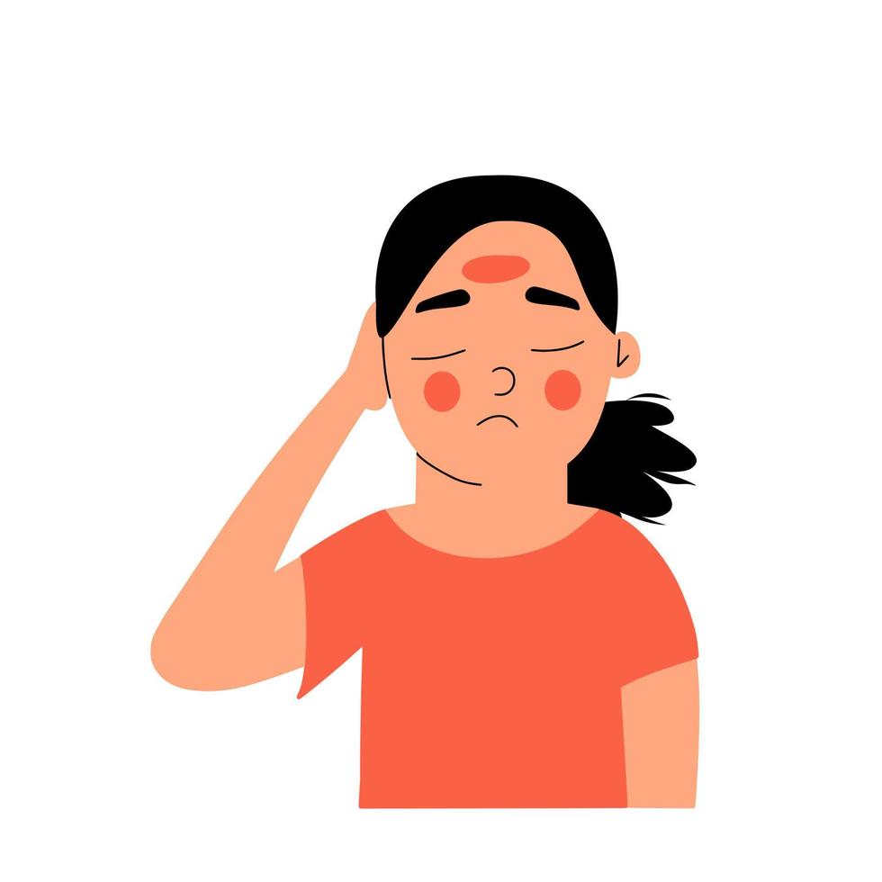 weinig meisje met hoog koorts en hoofdpijn. symptoom van apenpokken. kind met rood worden van de gezicht. vector illustratie in vlak stijl
