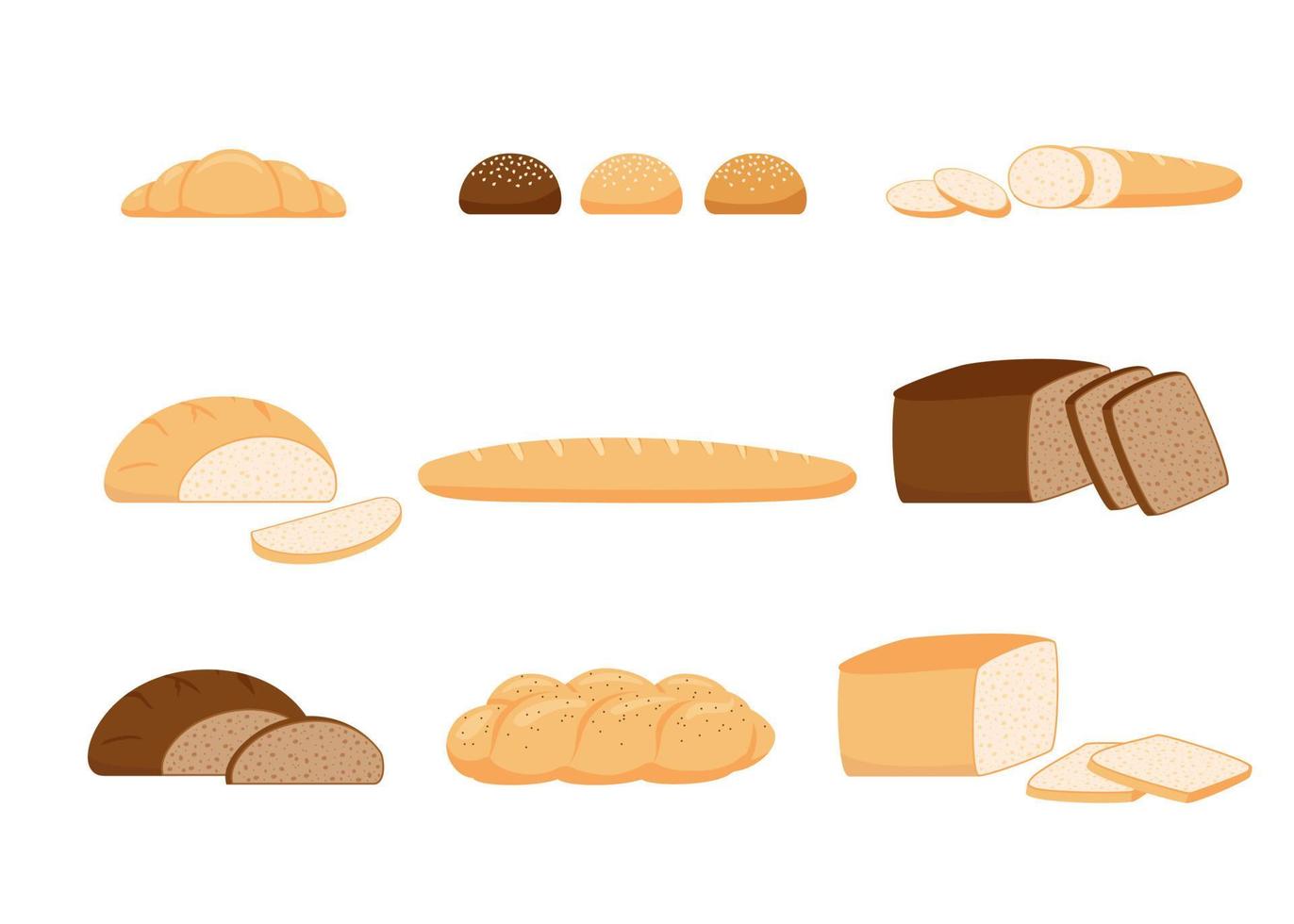 gebakje brood van tarwe, geheel graan en rogge, bakkerij voedsel, broodje. brood, brood steen, croissant, geroosterd brood brood, Frans stokbrood, challah. vector illustratie