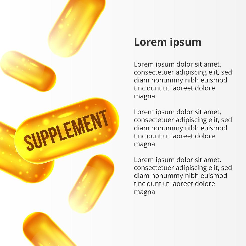 3d supplement gele gouden pillen voor gezondheidszorg vector