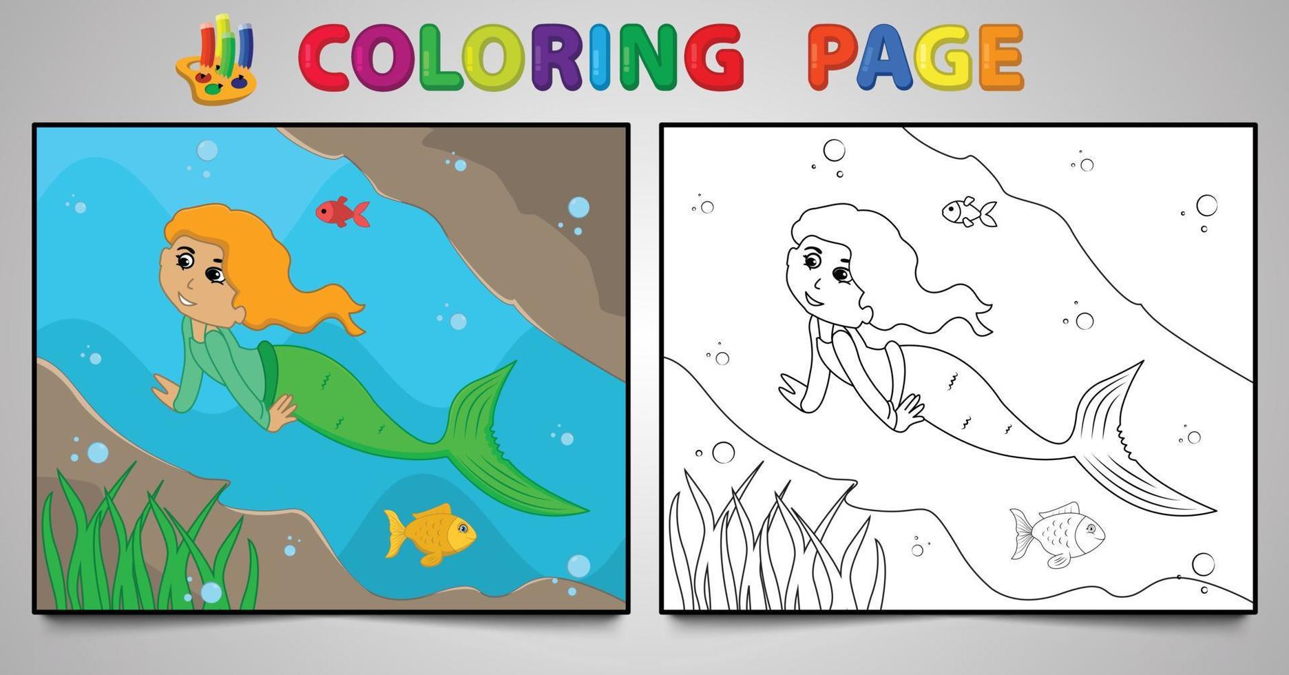 tekenfilm meermin kleur bladzijde Nee 15 kinderen werkzaamheid bladzijde met lijn kunst vector illustratie