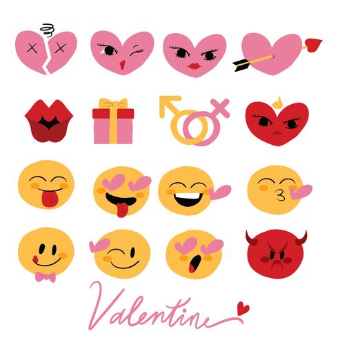 Valentine Emoji Hand getrokken Set Vector