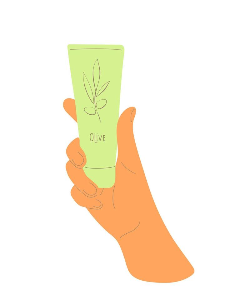 hand- houdt kunstmatig buis met olijven tak, sjabloon, model, biologisch zorg olie-crème-lotion, verpakking. vector