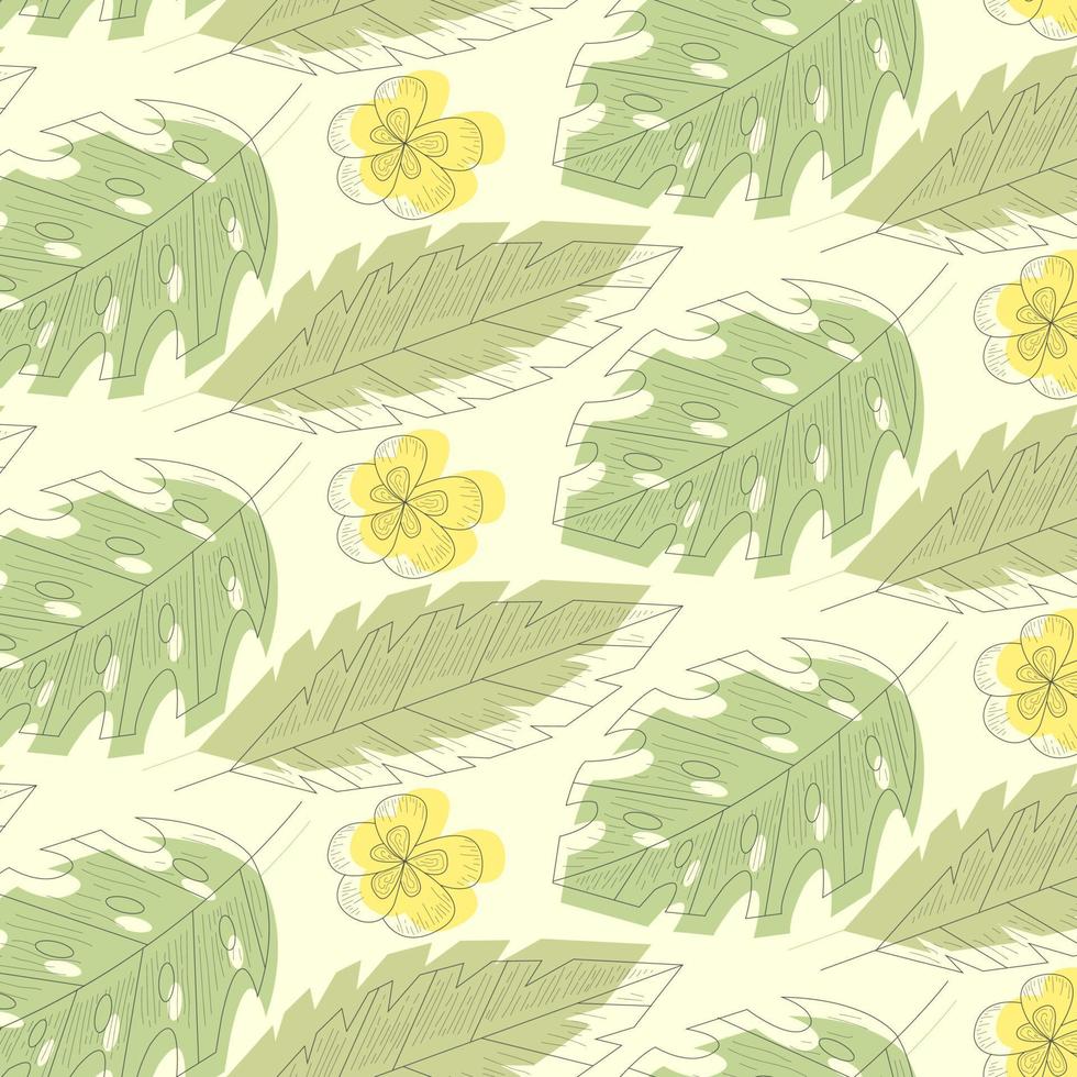 abstract patroon palm bladeren en geel bloemen met lijnen Aan licht geel achtergrond vector