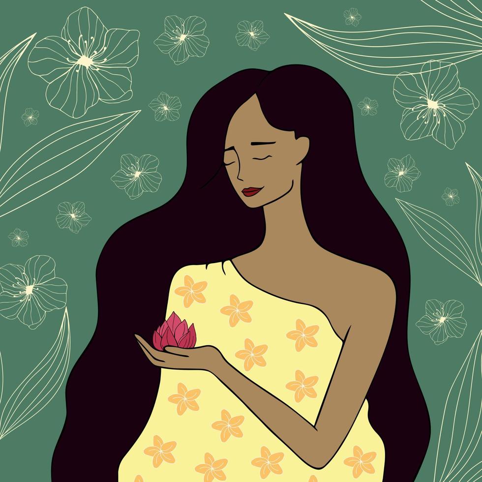 illustratie van een vrouw Holding een lotus tegen een groen bloemen achtergrond. moeder natuur. liefde naar natuur. ecologie concept. hand- getrokken. vector kunst