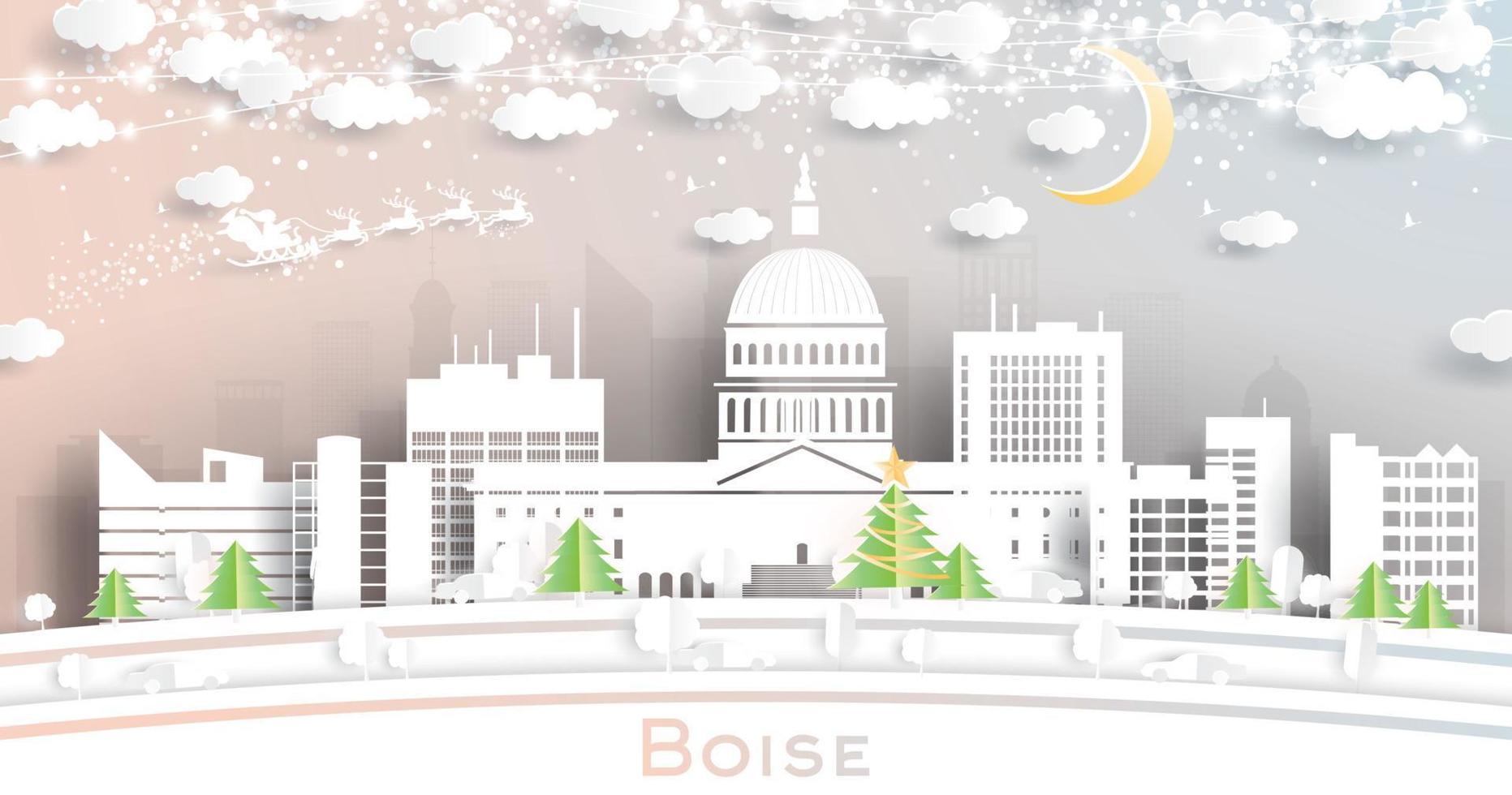 boise Idaho Verenigde Staten van Amerika stad horizon in papier besnoeiing stijl met sneeuwvlokken, maan en neon guirlande. vector