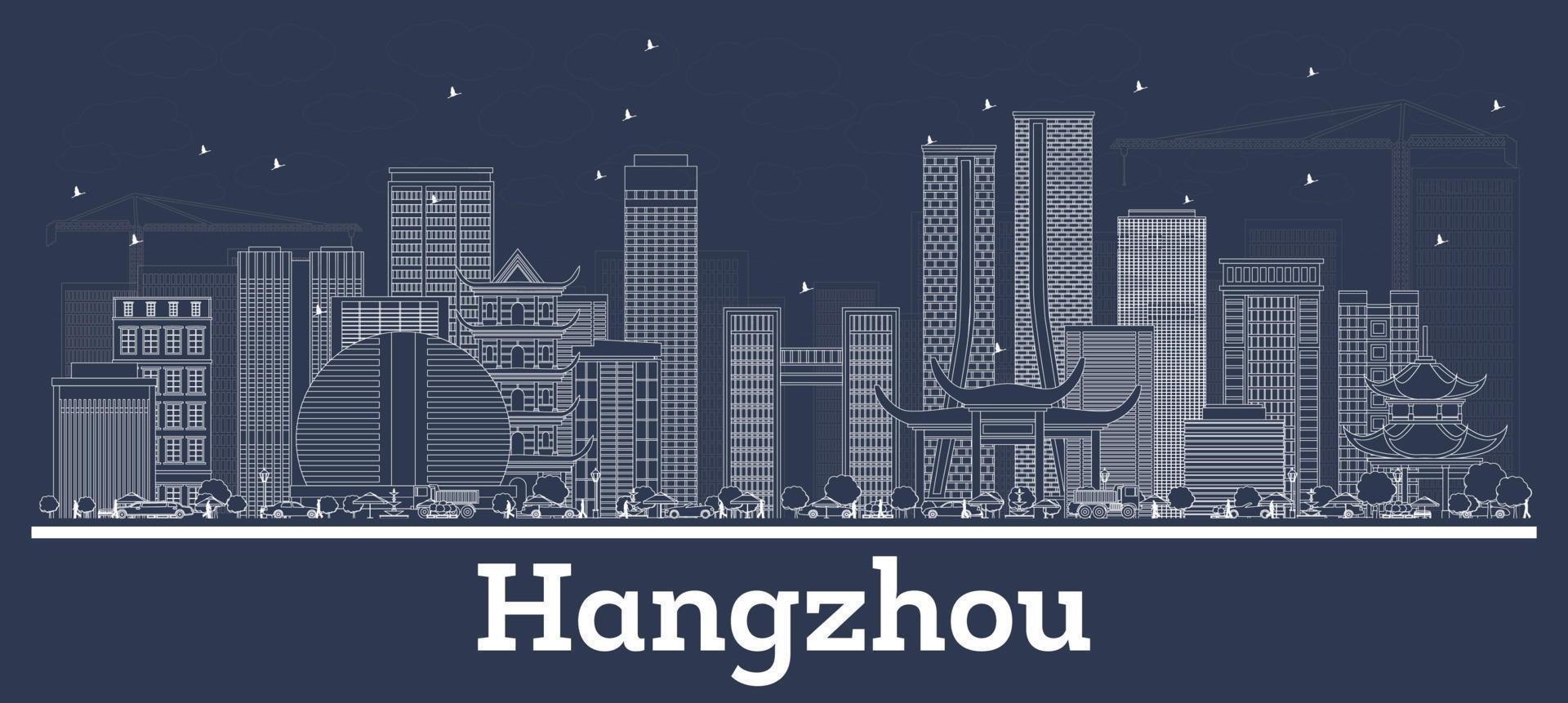 schets Hangzhou China stad horizon met wit gebouwen. vector