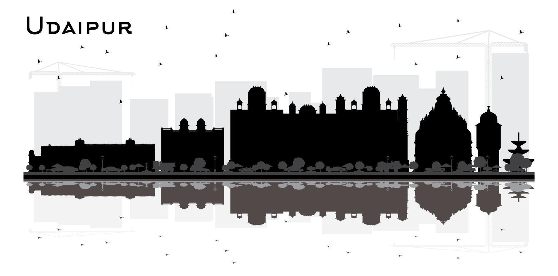 udaipur Indië stad horizon silhouet met zwarte gebouwen en reflecties geïsoleerd Aan wit. vector