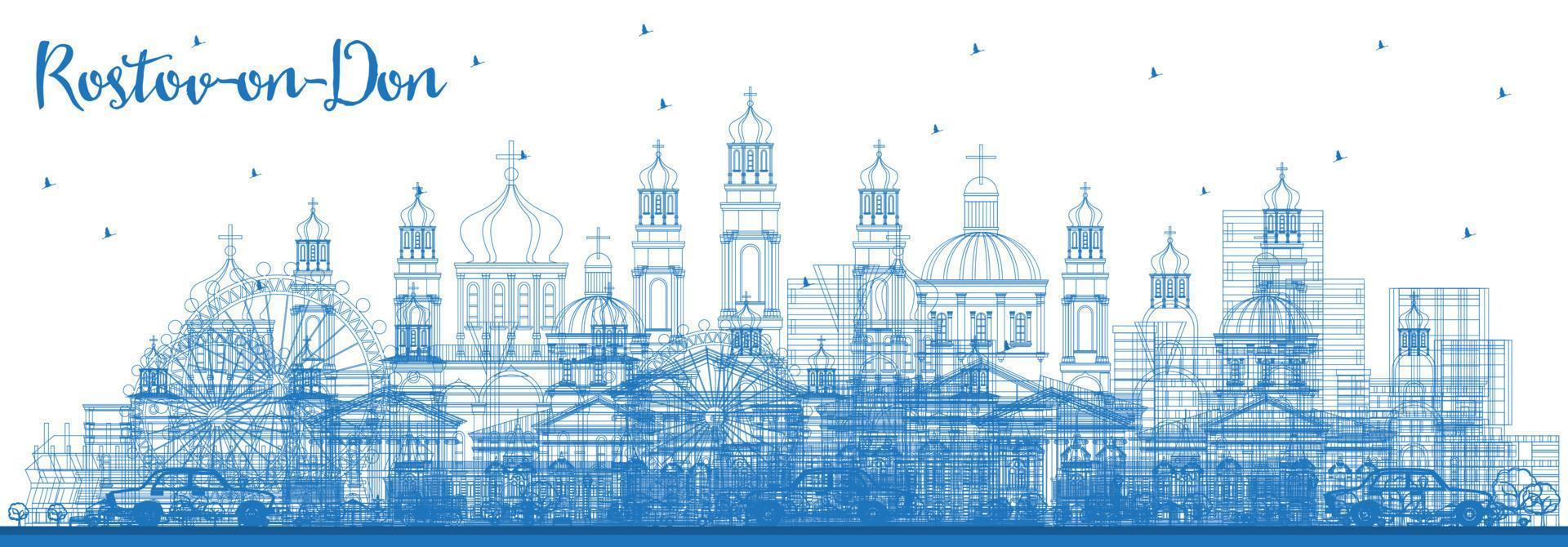 schets Rostov aan de Don Rusland stad horizon met blauw gebouwen. vector