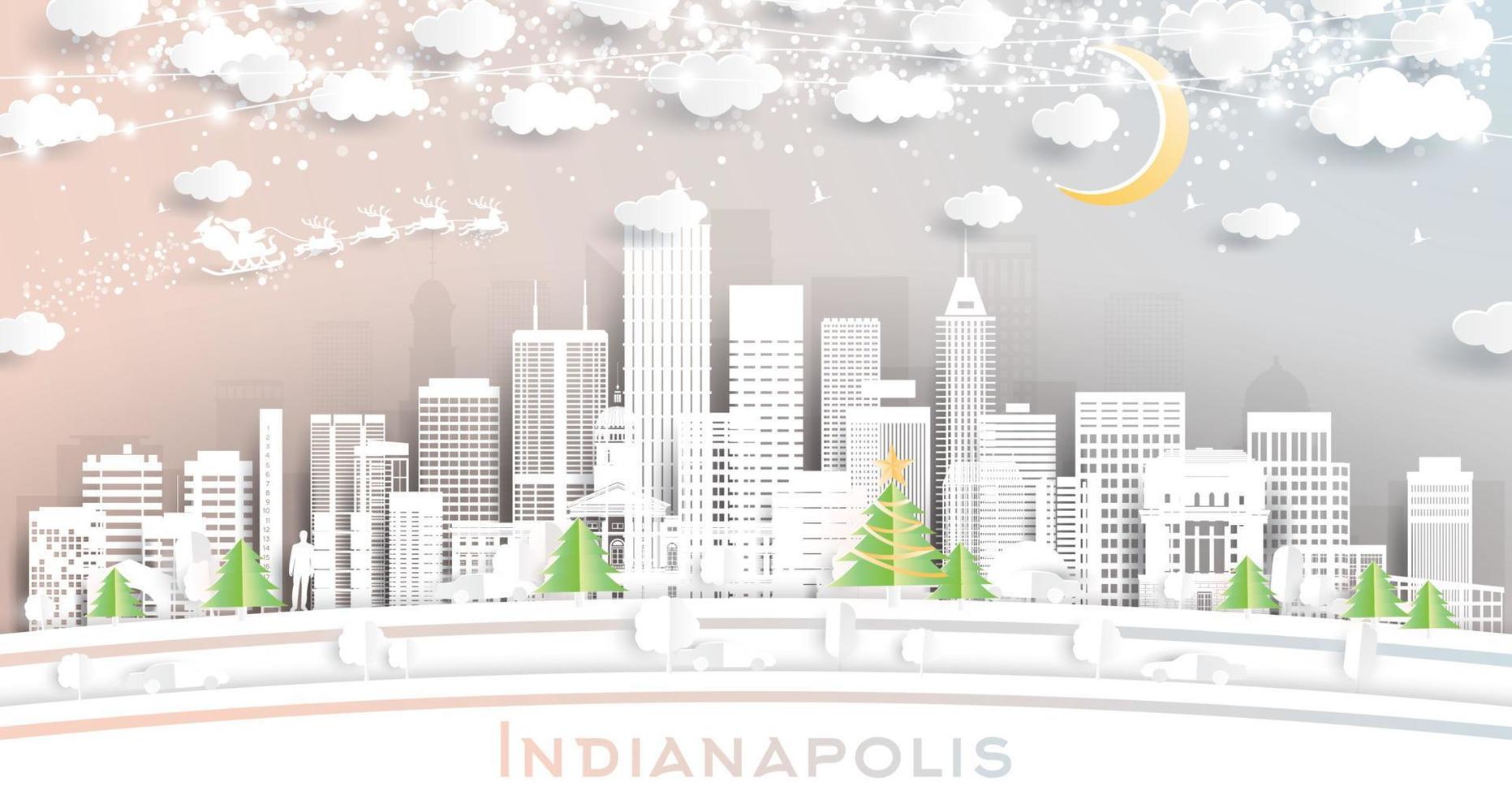 Indianapolis Indiana Verenigde Staten van Amerika stad horizon in papier besnoeiing stijl met sneeuwvlokken, maan en neon guirlande. vector
