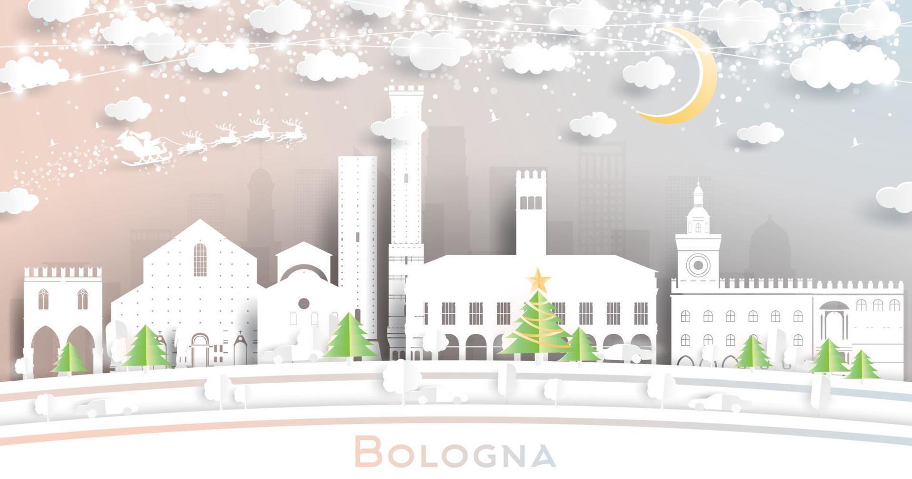 bologna Italië stad horizon in papier besnoeiing stijl met sneeuwvlokken, maan en neon guirlande. vector