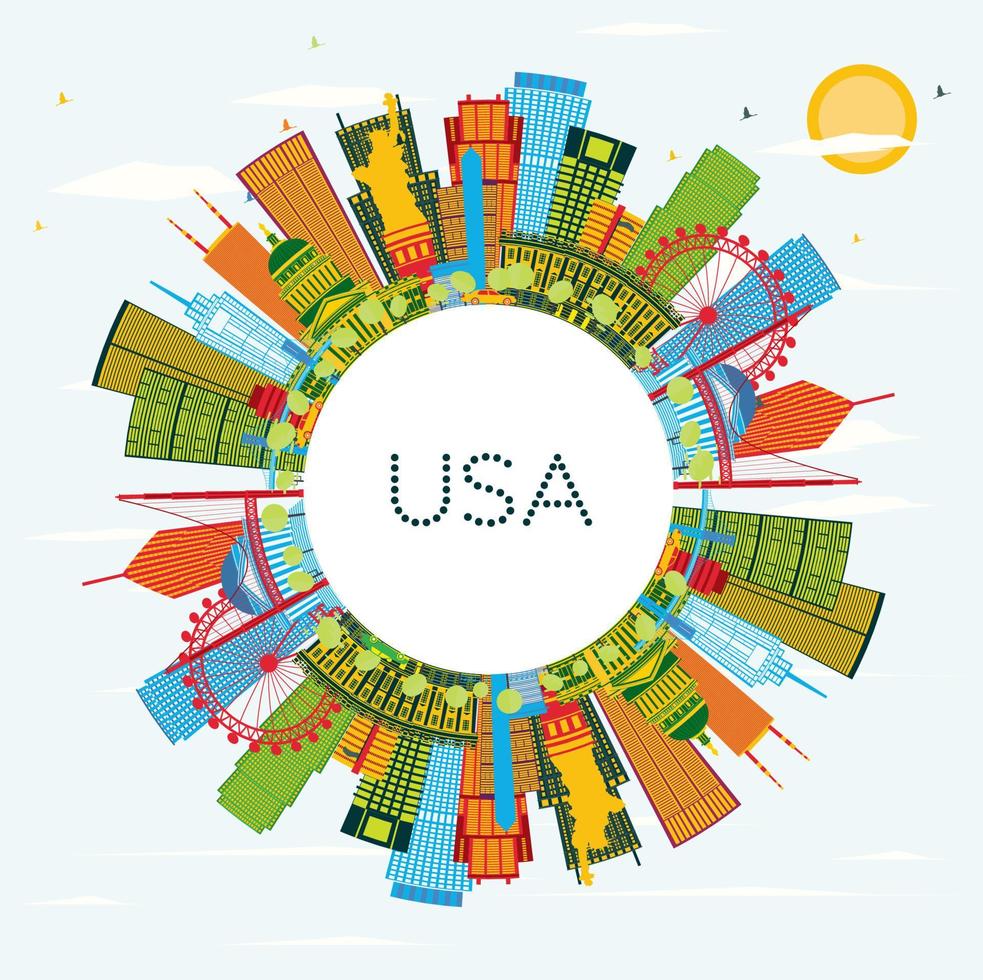 Verenigde Staten van Amerika horizon met kleur wolkenkrabbers en oriëntatiepunten. vector