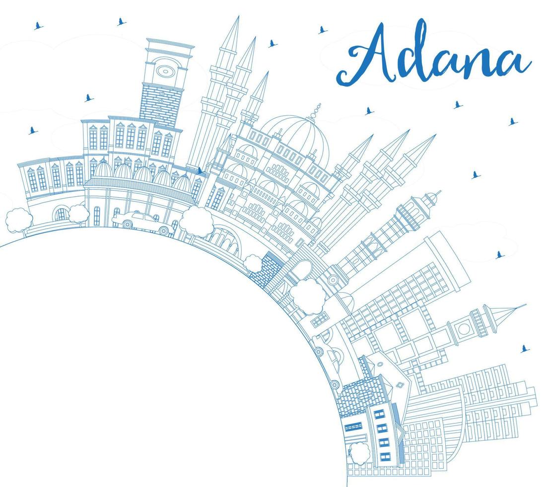 schets Adana kalkoen stad horizon met blauw gebouwen en kopiëren ruimte. vector