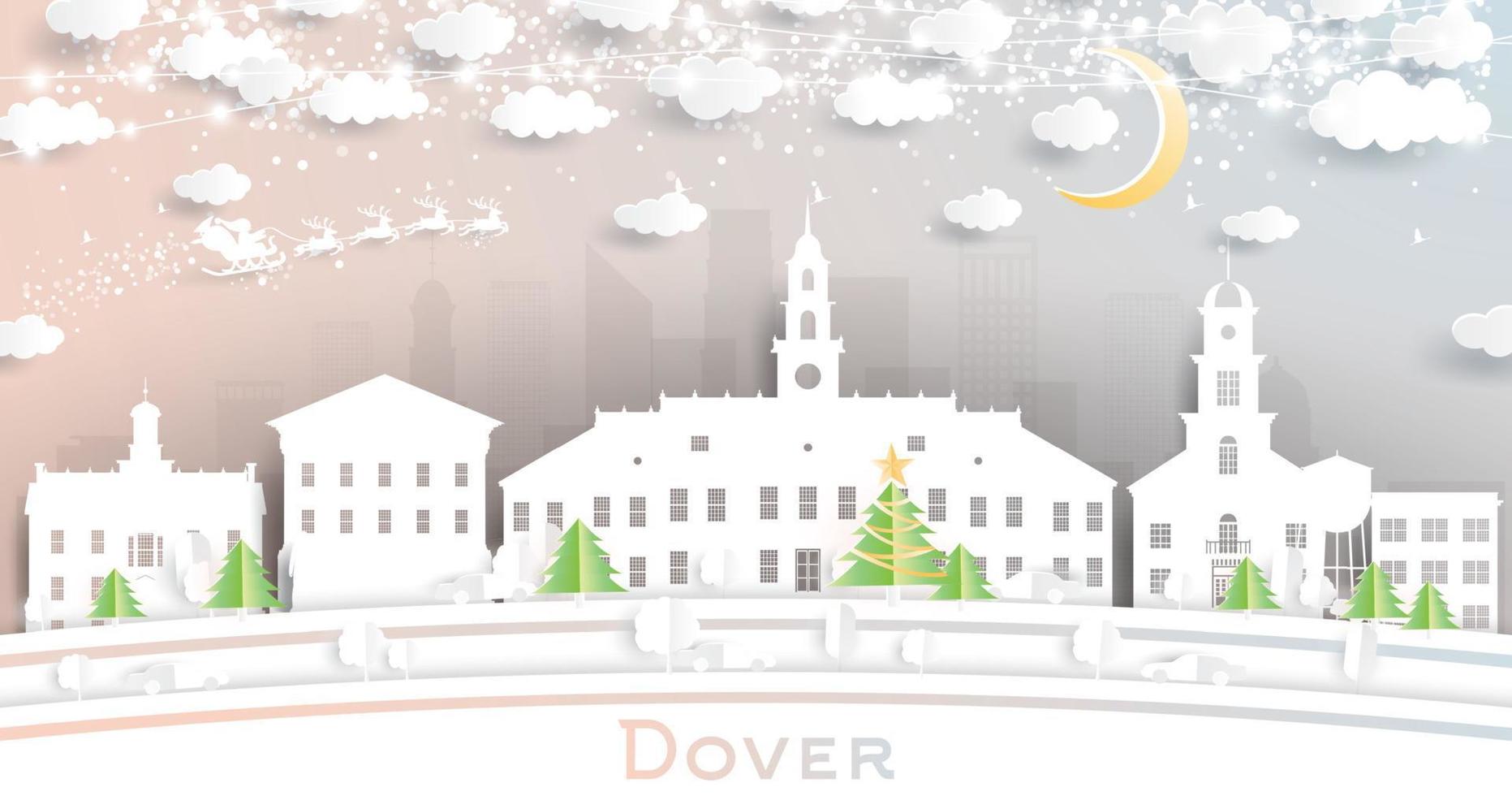 Dover Delaware Verenigde Staten van Amerika stad horizon in papier besnoeiing stijl met sneeuwvlokken, maan en neon guirlande. vector