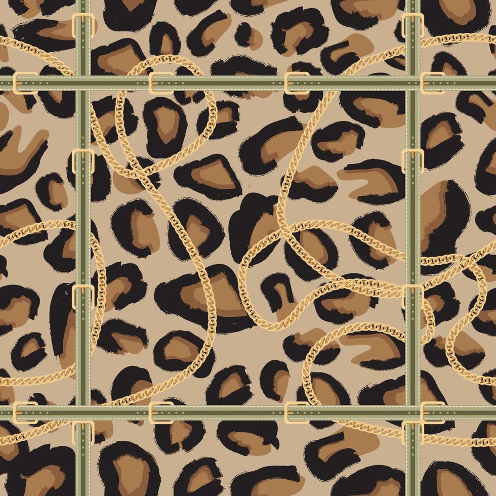 luipaard naadloos patroon met gouden keten en riem. vector