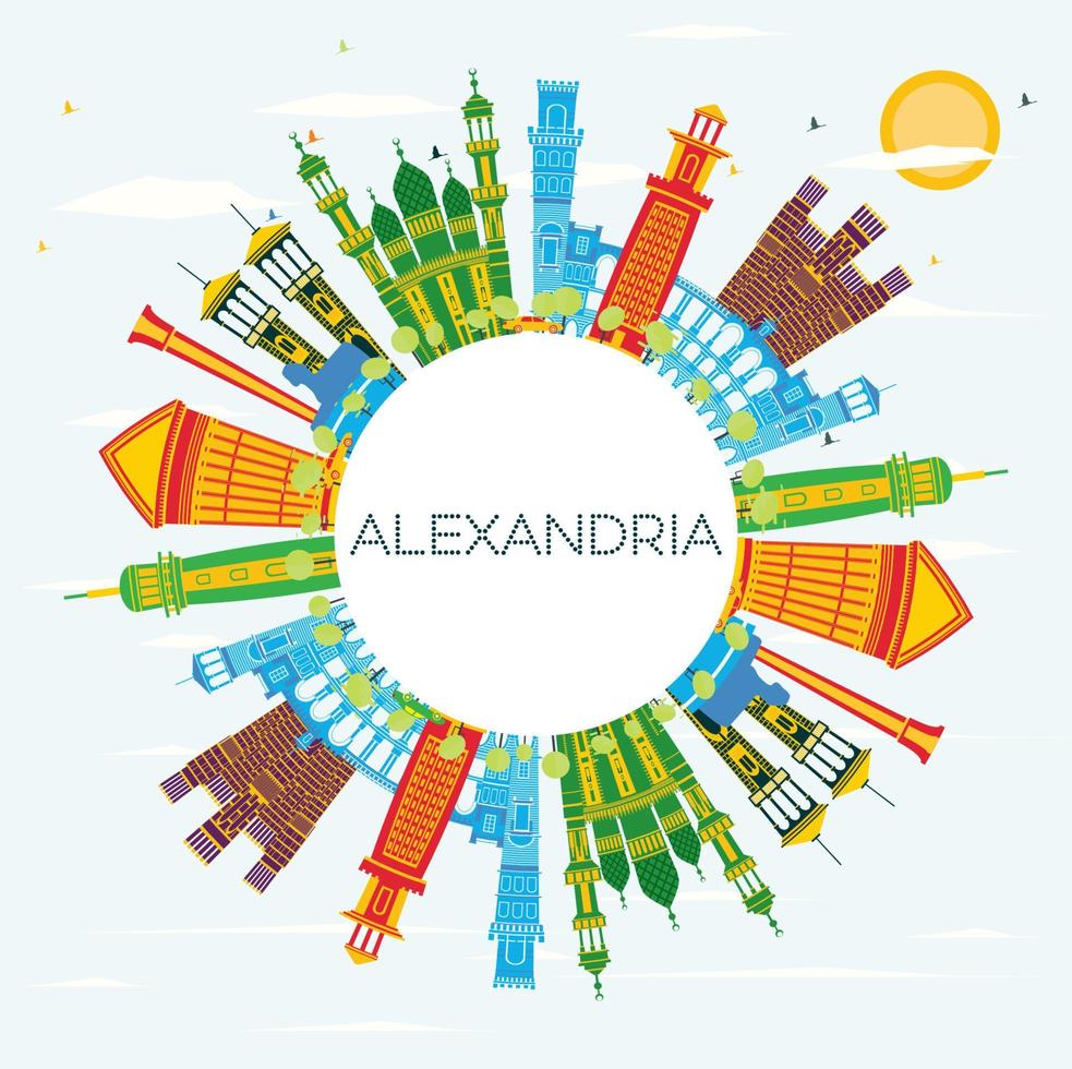 Alexandrië Egypte stad horizon met kleur gebouwen, blauw lucht en kopiëren ruimte. vector